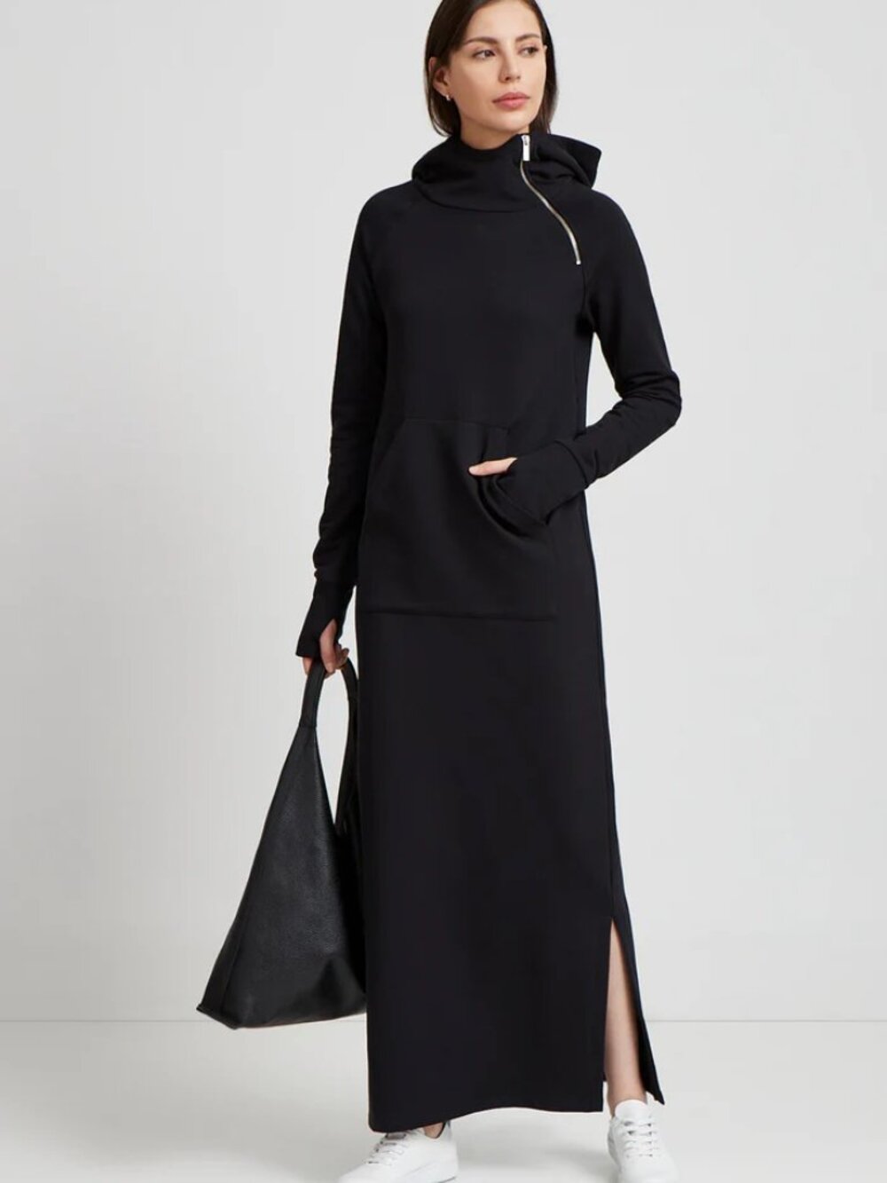 Women's Black Hooded Dress with Asymmetric Zip